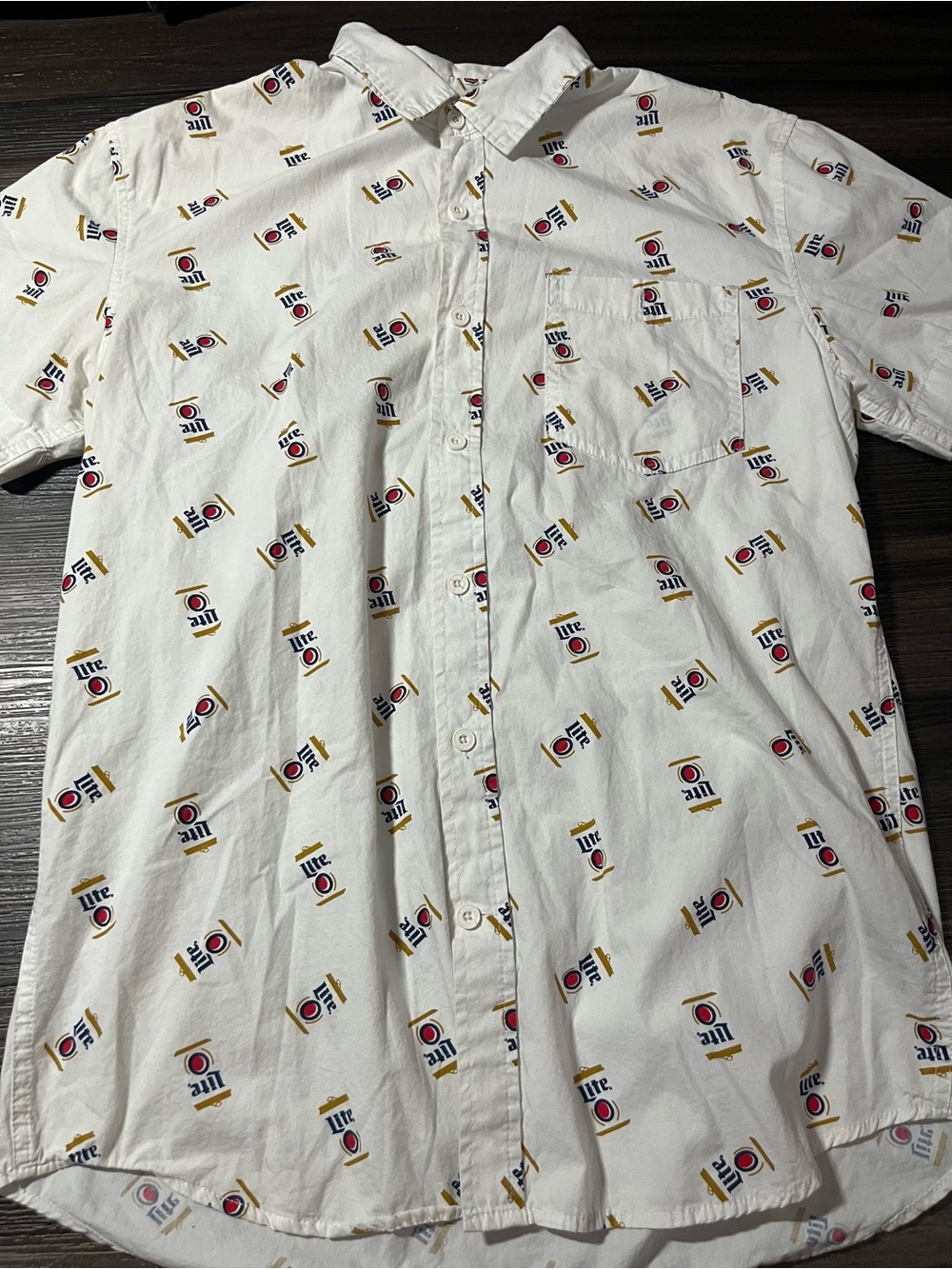 Miller Lite Shirt Mens L 100% Cotton White Button Down Short Sleeve Pocket Beer